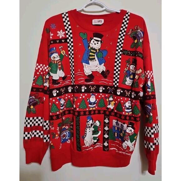 Vtg Christmas Crewneck Nutcracker Red Sweatshirt M Snowman Checks - Picture 1 of 6
